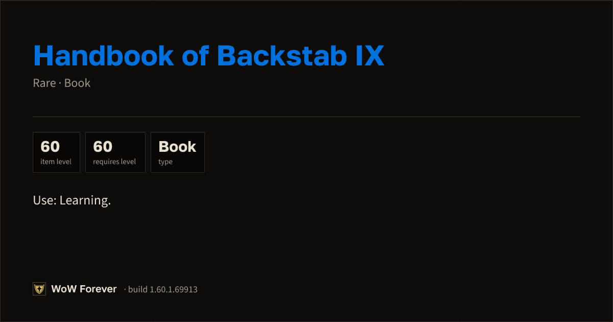 The preview card for Handbook of Backstab IX - Rare Book, Item Level 60
