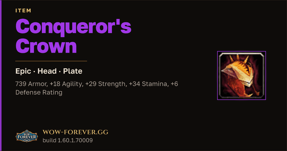 The preview card for Conqueror's Crown - Epic Plate Head, Item Level 81