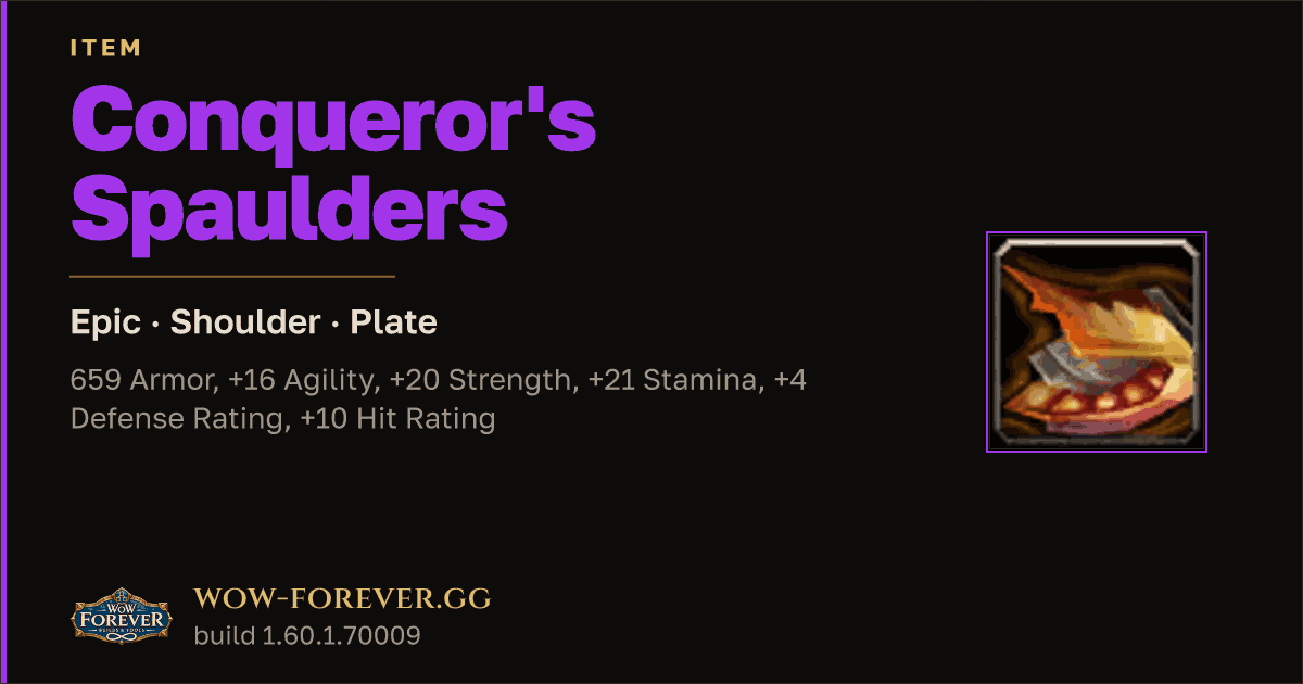 The preview card for Conqueror's Spaulders - Epic Plate Shoulder