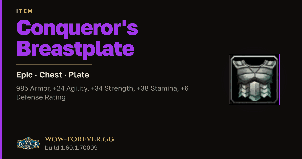 The preview card for Conqueror's Breastplate - Epic Plate Chest