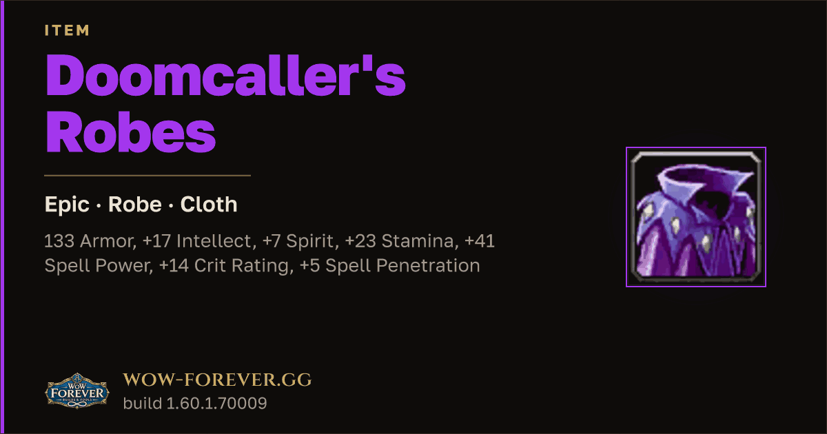 The preview card for Doomcaller's Robes - Epic Cloth Robe, Item Level 88