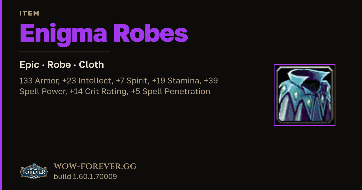 The preview card for Enigma Robes - Epic Cloth Robe, Item Level 88