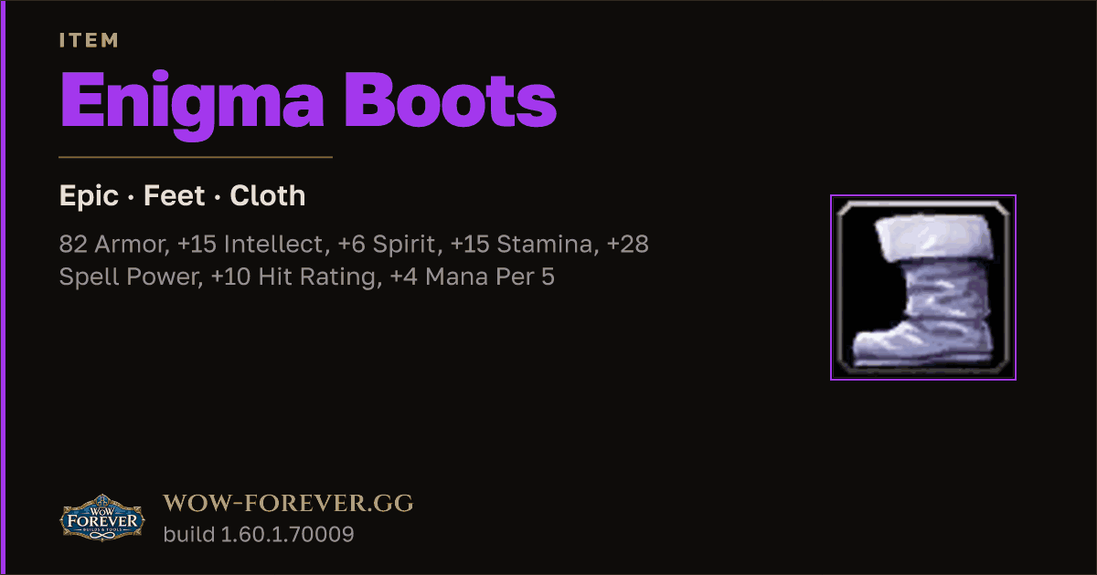 The preview card for Enigma Boots - Epic Cloth Feet, Item Level 78