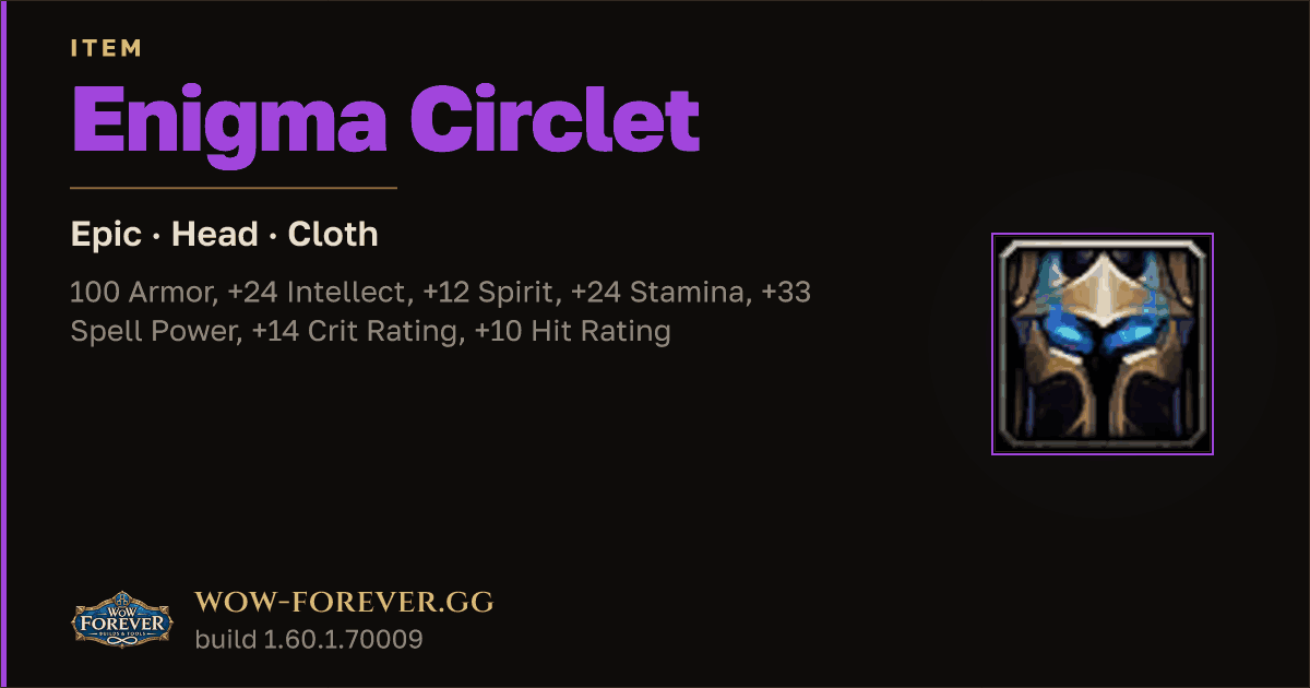 The preview card for Enigma Circlet - Epic Cloth Head, Item Level 81