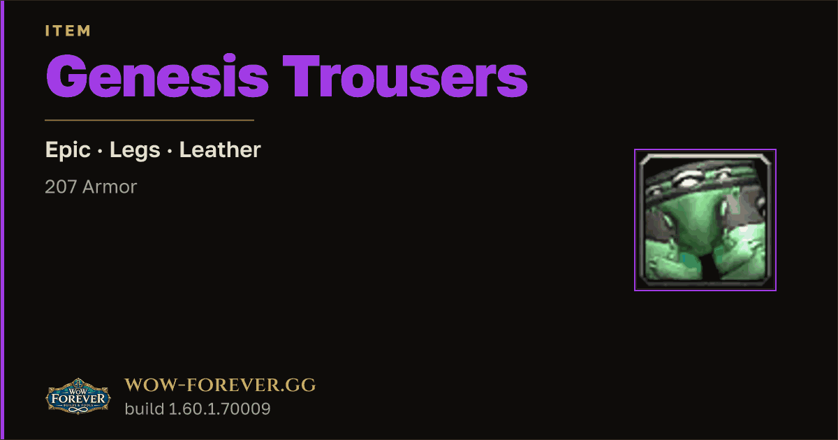 The preview card for Genesis Trousers - Epic Leather Legs, Item Level 81