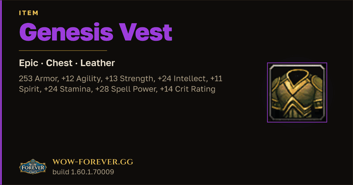 The preview card for Genesis Vest - Epic Leather Chest, Item Level 88