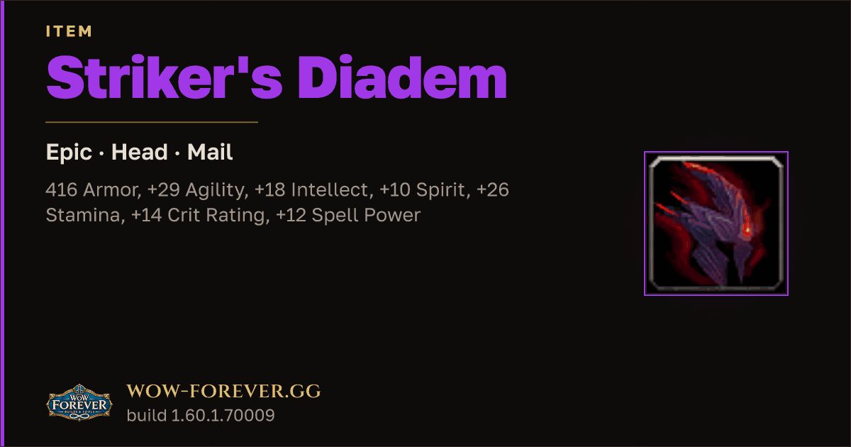 The preview card for Striker's Diadem - Epic Mail Head, Item Level 81