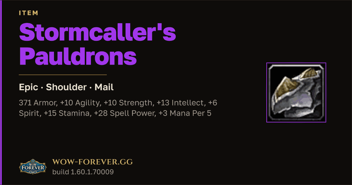 The preview card for Stormcaller's Pauldrons - Epic Mail Shoulder