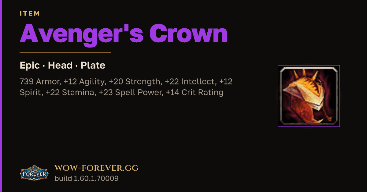 The preview card for Avenger's Crown - Epic Plate Head, Item Level 81