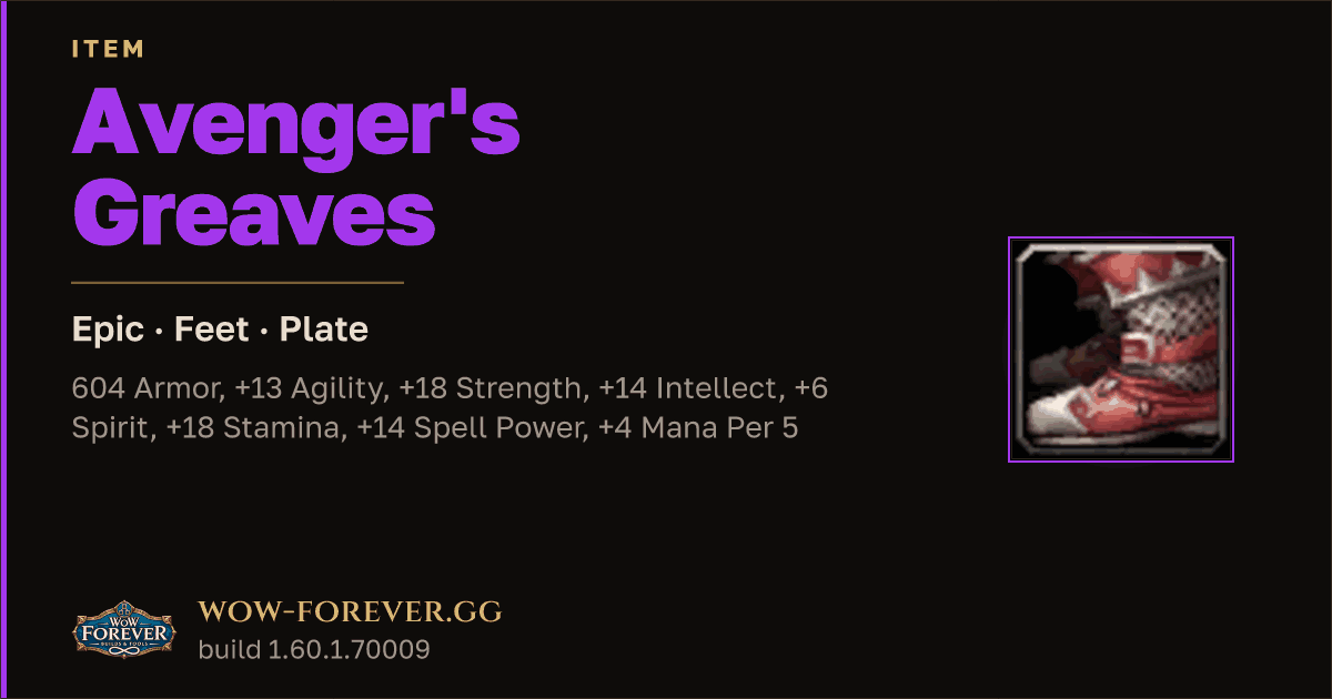 The preview card for Avenger's Greaves - Epic Plate Feet, Item Level 78