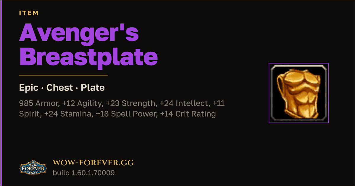 The preview card for Avenger's Breastplate - Epic Plate Chest