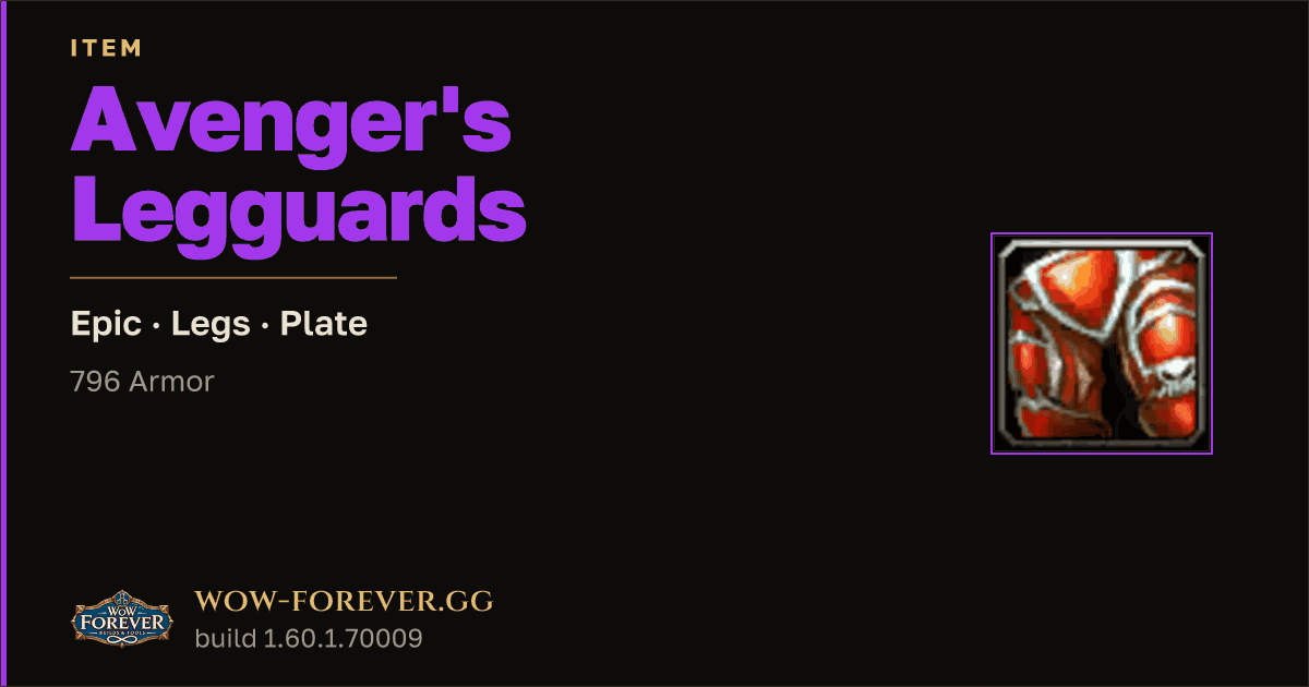 The preview card for Avenger's Legguards - Epic Plate Legs