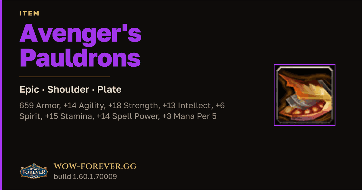 The preview card for Avenger's Pauldrons - Epic Plate Shoulder