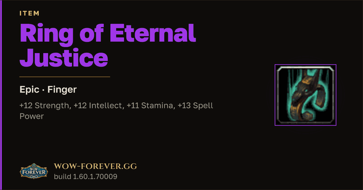 The preview card for Ring of Eternal Justice - Epic Ring, Item Level 65