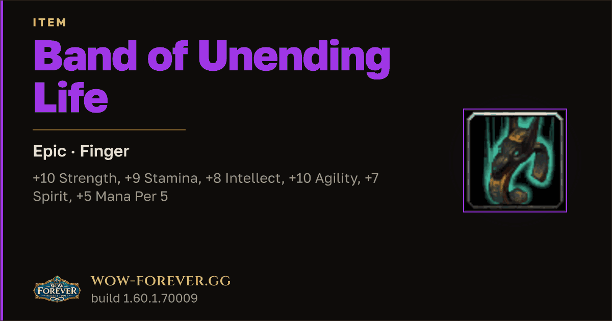 The preview card for Band of Unending Life - Epic Ring, Item Level 65