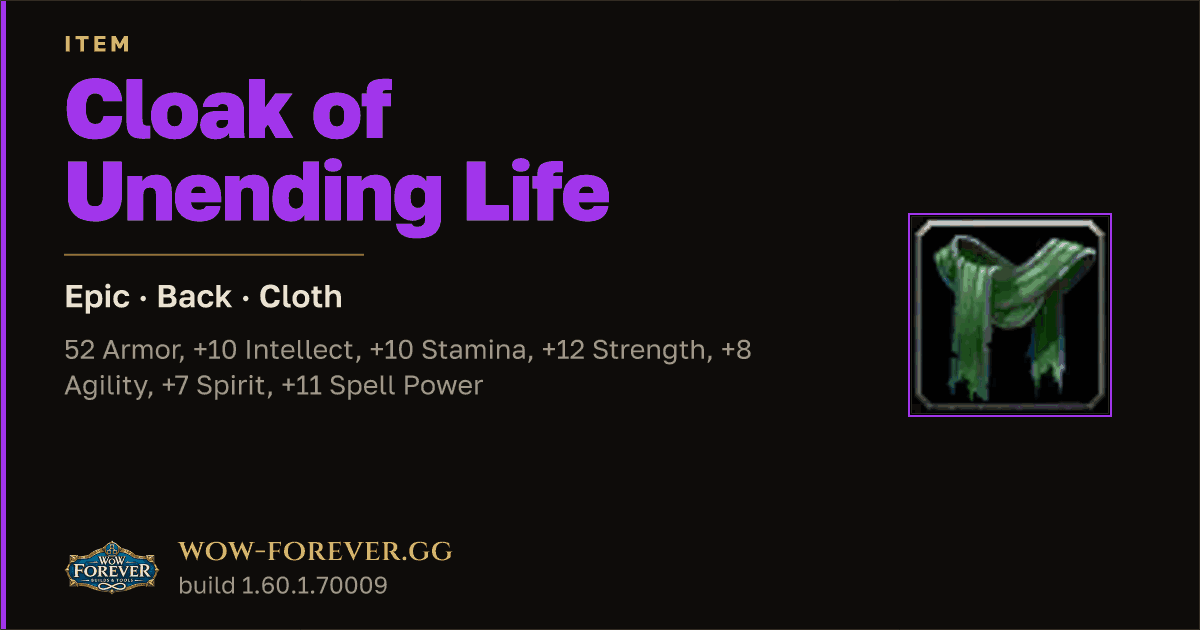 The preview card for Cloak of Unending Life - Epic Cloak, Item Level 67