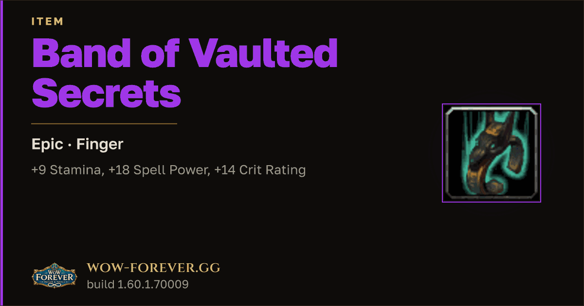 The preview card for Band of Vaulted Secrets - Epic Ring, Item Level 65