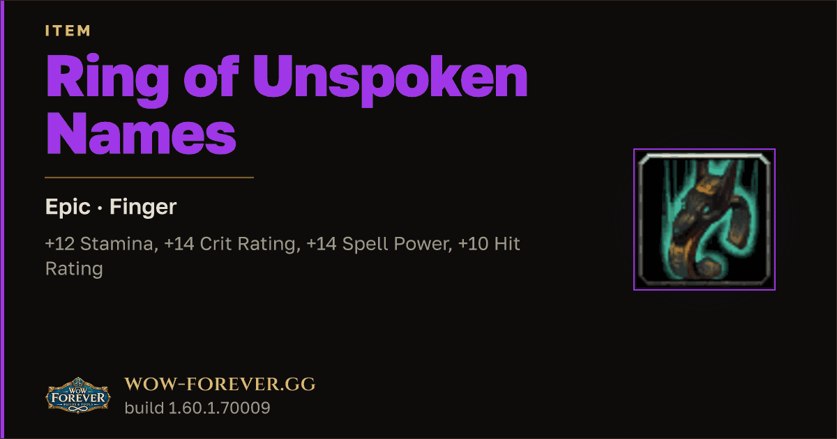 The preview card for Ring of Unspoken Names - Epic Ring, Item Level 65