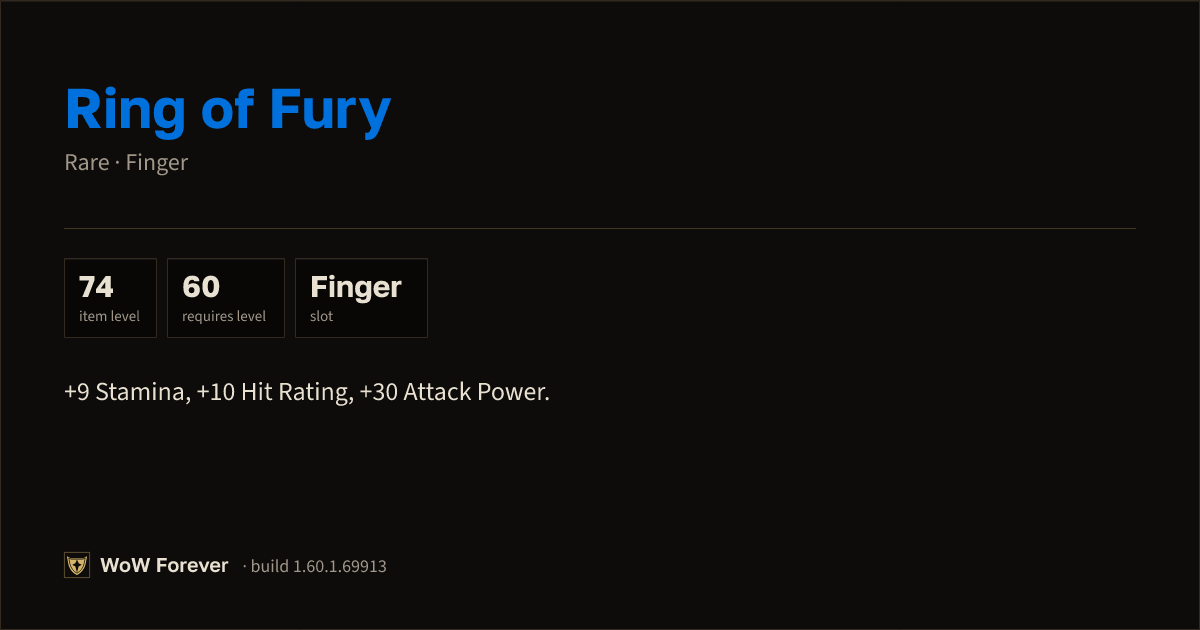 The preview card for Ring of Fury - Rare Ring, Item Level 74