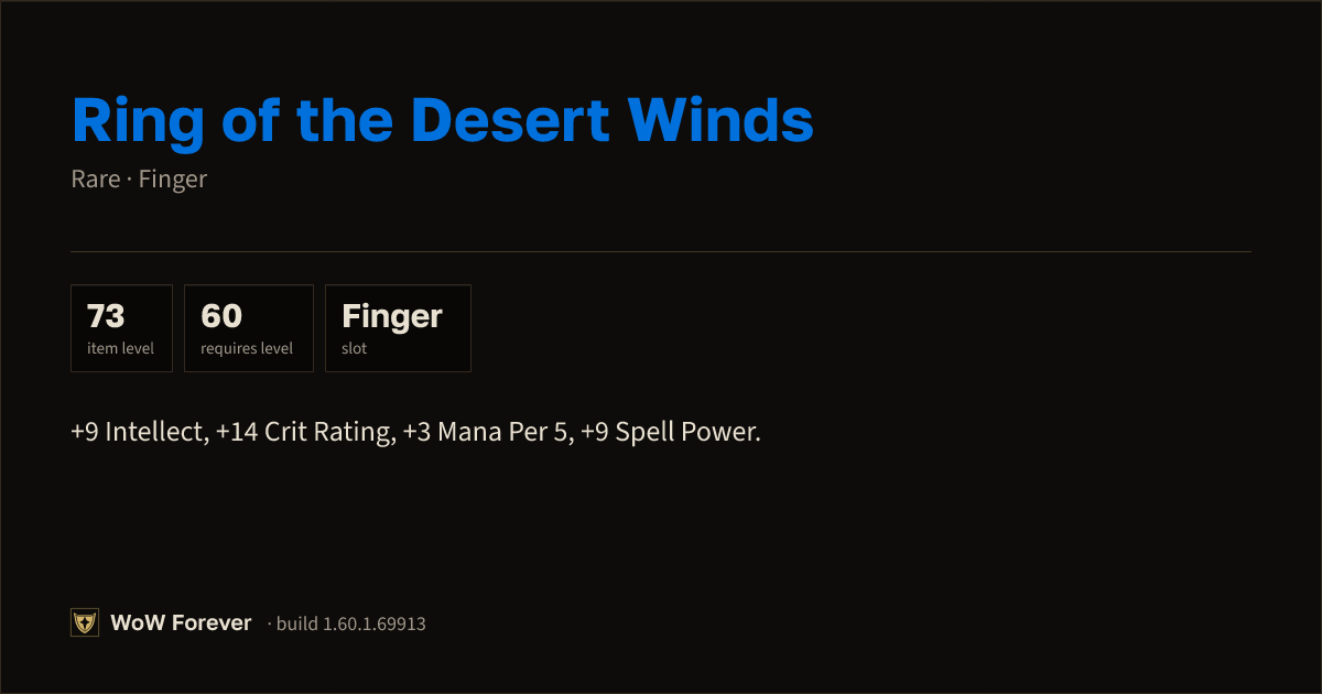 The preview card for Ring of the Desert Winds - Rare Ring, Item Level 73