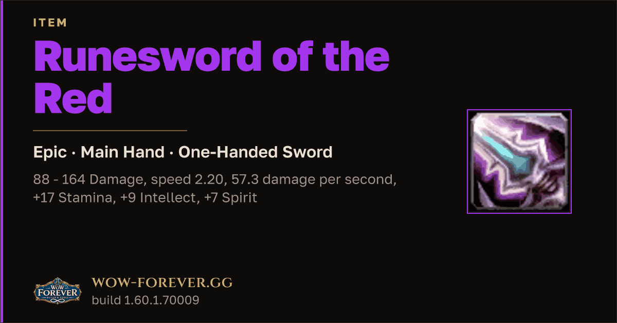 The preview card for Runesword of the Red - Epic Main-Hand Sword