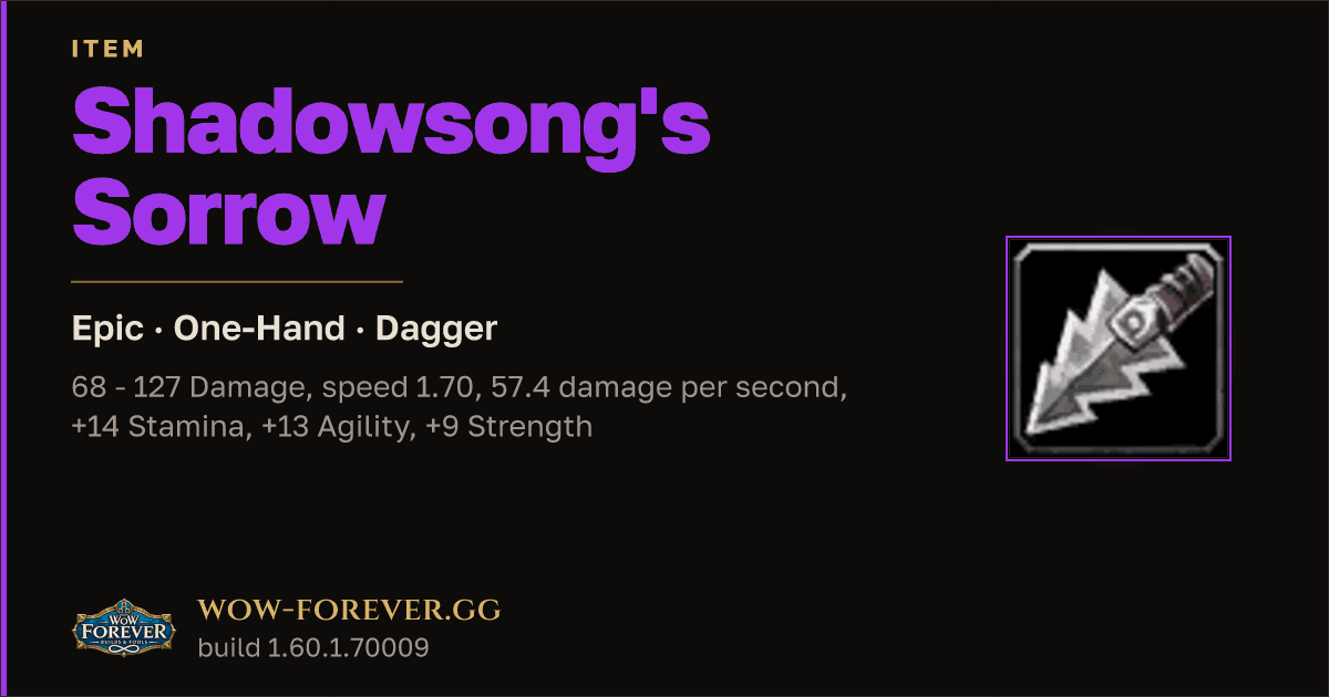 The preview card for Shadowsong's Sorrow - Epic One-Hand Dagger