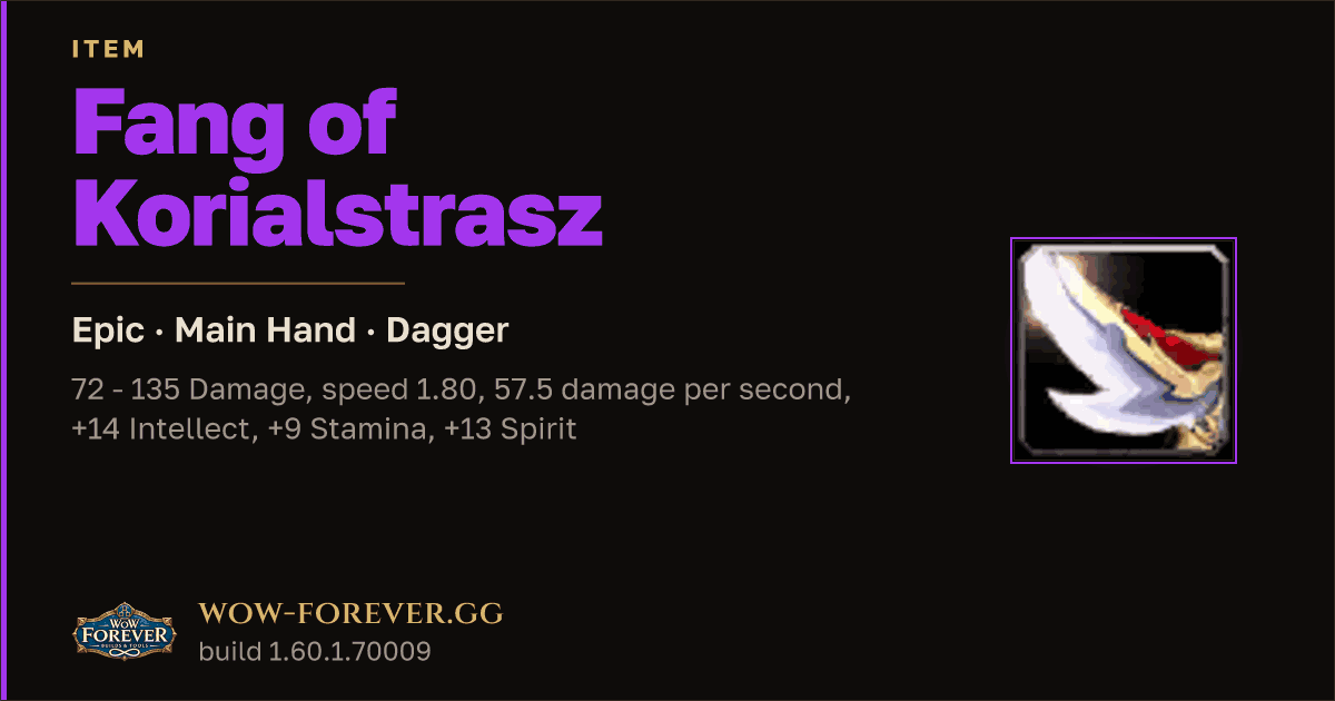 The preview card for Fang of Korialstrasz - Epic Main-Hand Dagger