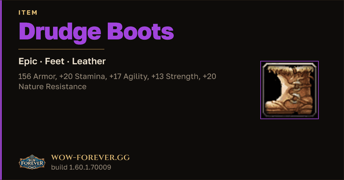 The preview card for Drudge Boots - Epic Leather Feet, Item Level 77