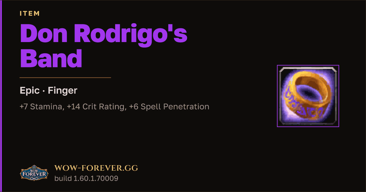 The preview card for Don Rodrigo's Band - Epic Ring, Item Level 65