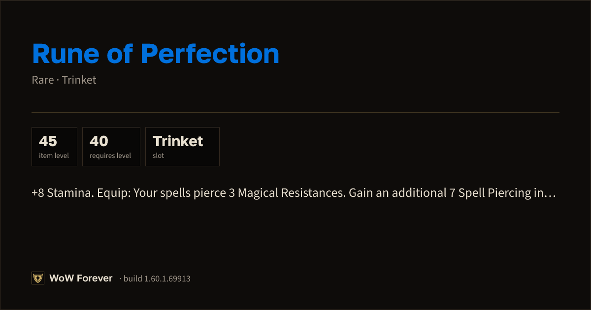 The preview card for Rune of Perfection - Rare Trinket, Item Level 45