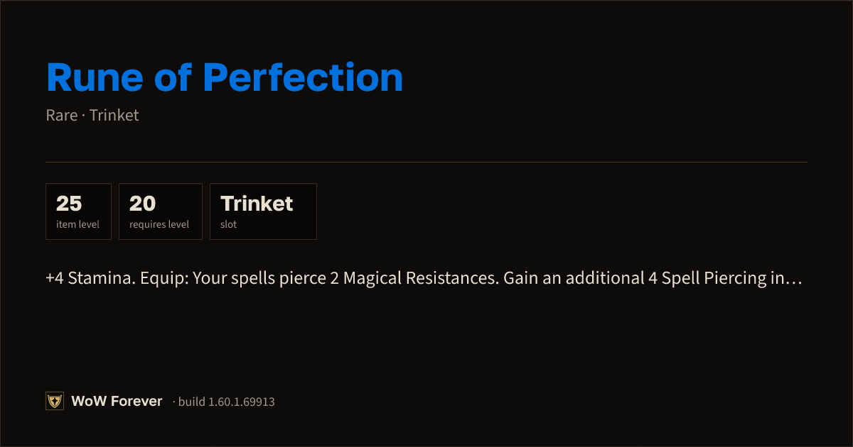 The preview card for Rune of Perfection - Rare Trinket, Item Level 25