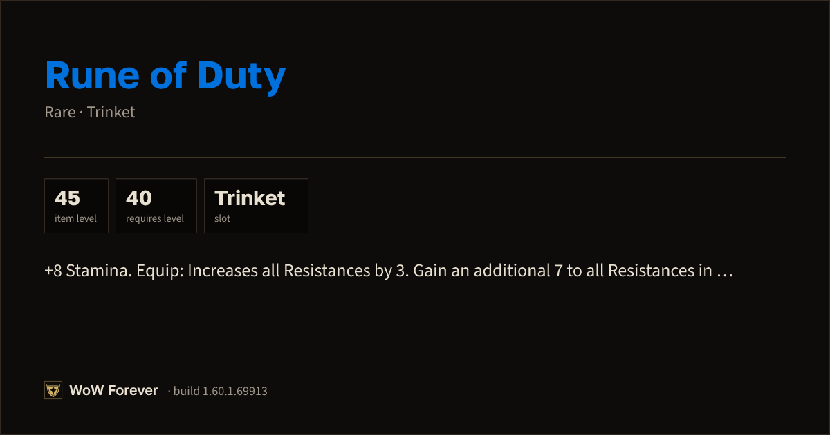 The preview card for Rune of Duty - Rare Trinket, Item Level 45