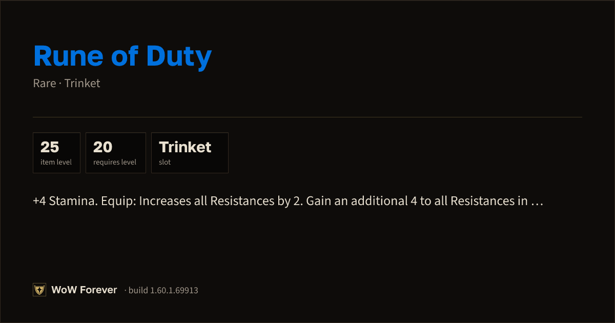The preview card for Rune of Duty - Rare Trinket, Item Level 25