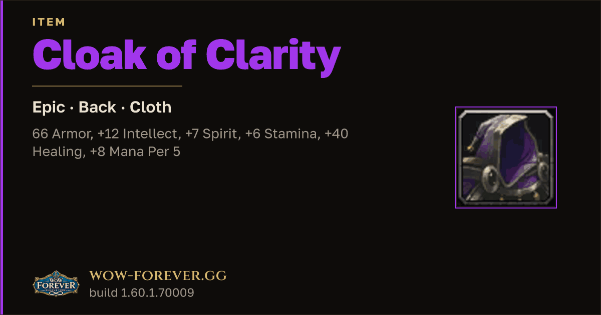 The preview card for Cloak of Clarity - Epic Cloak, Item Level 88