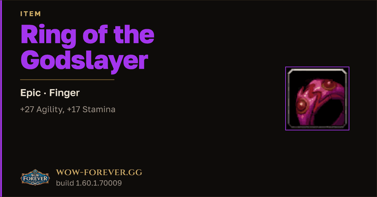 The preview card for Ring of the Godslayer - Epic Ring, Item Level 88