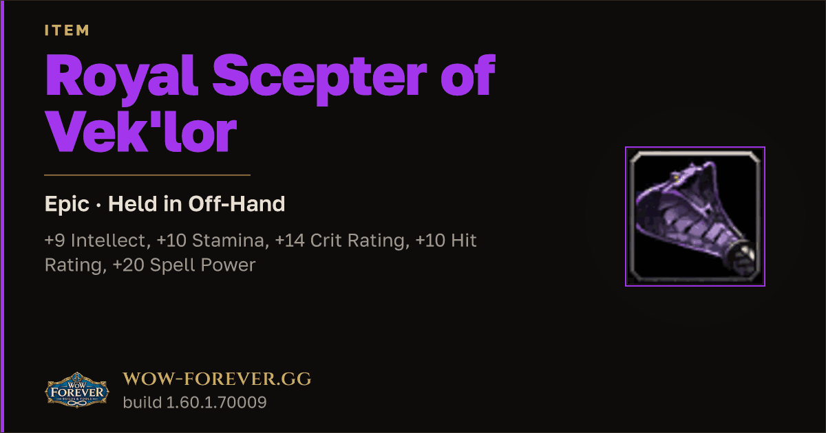 The preview card for Royal Scepter of Vek'lor - Epic Off-Hand Item