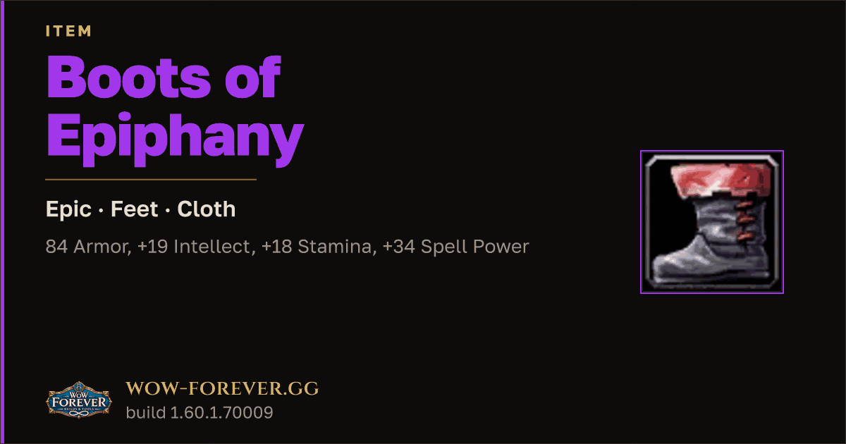 The preview card for Boots of Epiphany - Epic Cloth Feet, Item Level 81