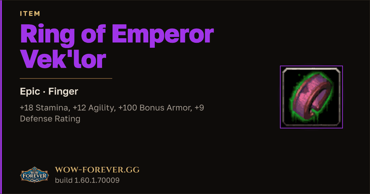 The preview card for Ring of Emperor Vek'lor - Epic Ring, Item Level 81