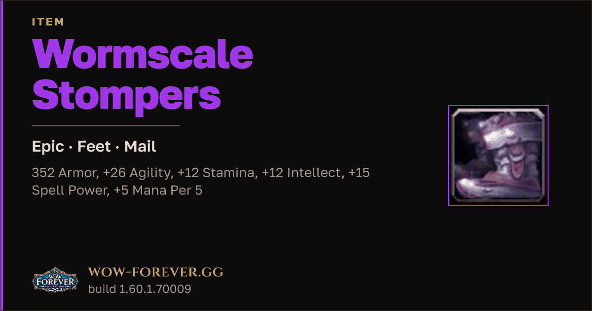 The preview card for Wormscale Stompers - Epic Mail Feet, Item Level 81