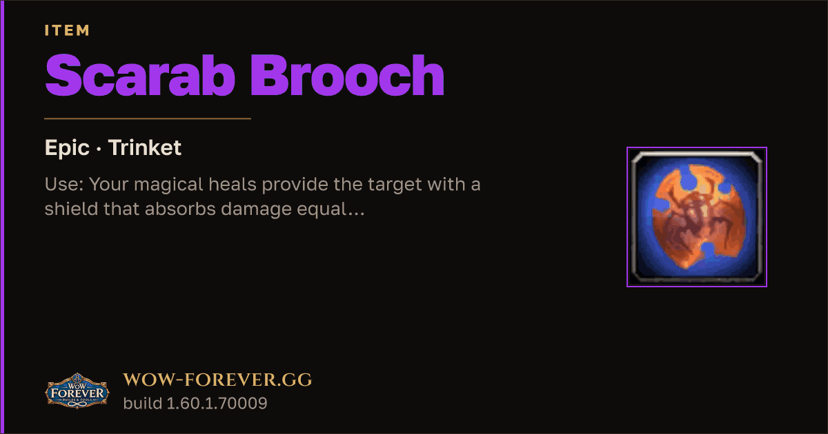 The preview card for Scarab Brooch - Epic Trinket, Item Level 78
