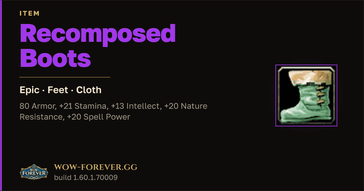 The preview card for Recomposed Boots - Epic Cloth Feet, Item Level 76