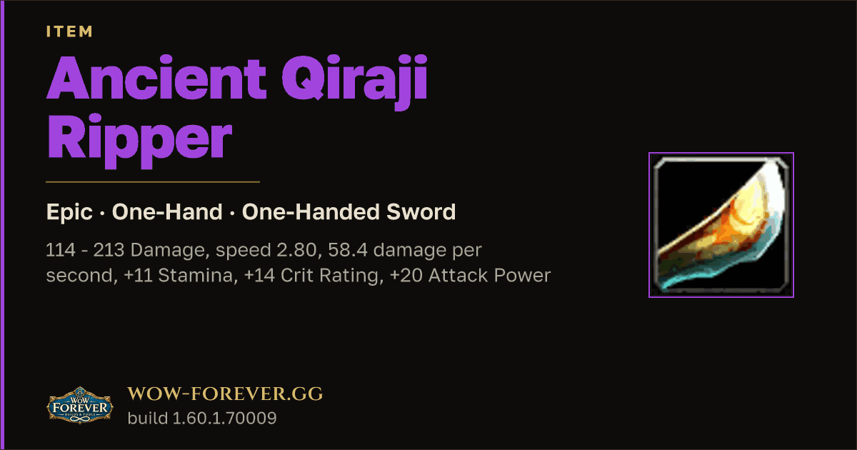 The preview card for Ancient Qiraji Ripper - Epic One-Hand Sword
