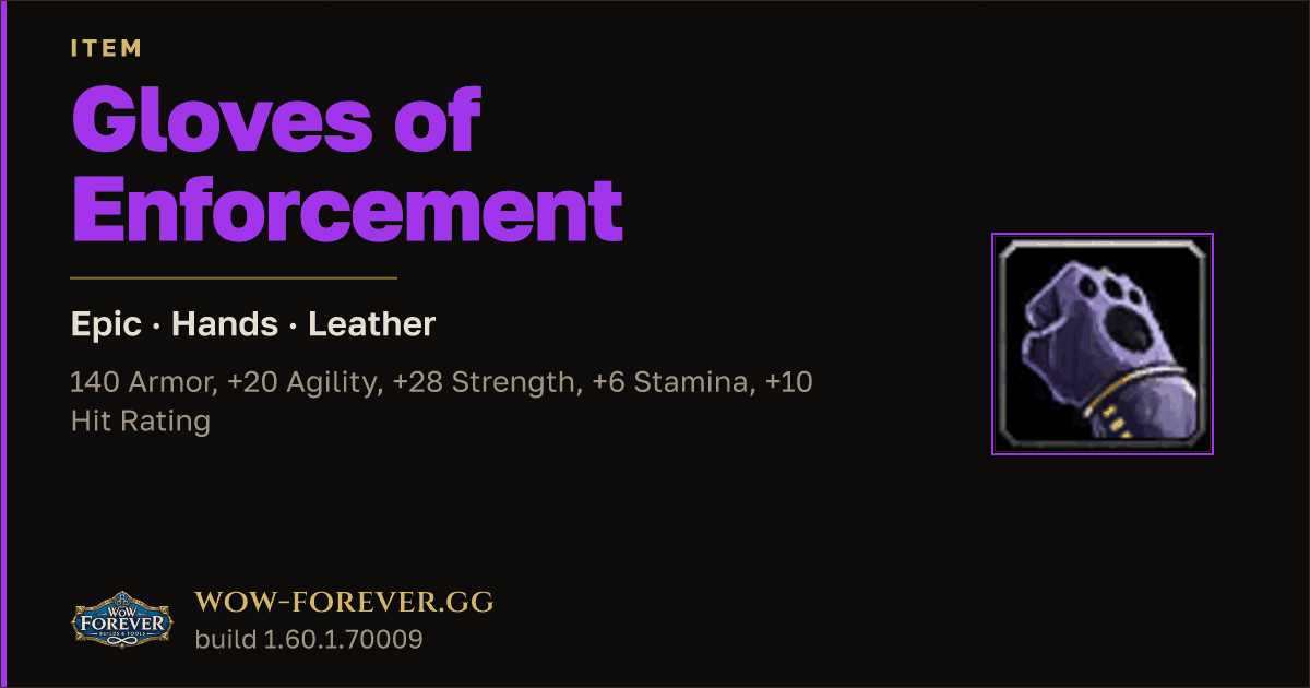 The preview card for Gloves of Enforcement - Epic Leather Hands