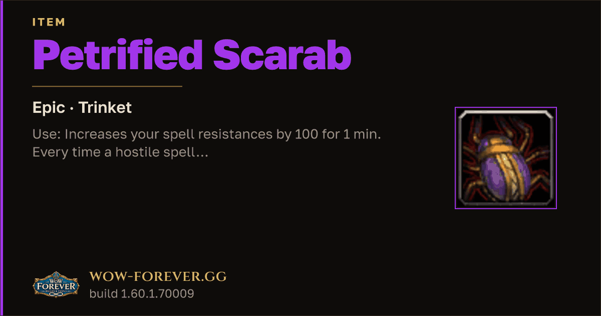 The preview card for Petrified Scarab - Epic Trinket, Item Level 76