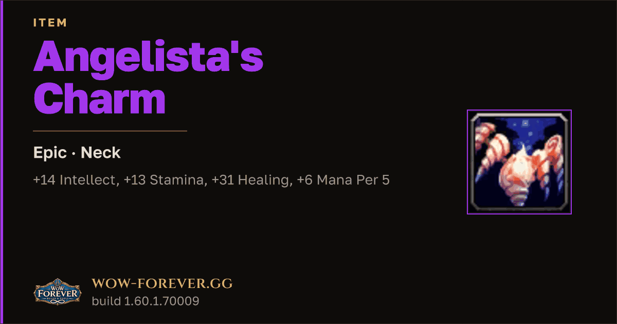 The preview card for Angelista's Charm - Epic Necklace, Item Level 75
