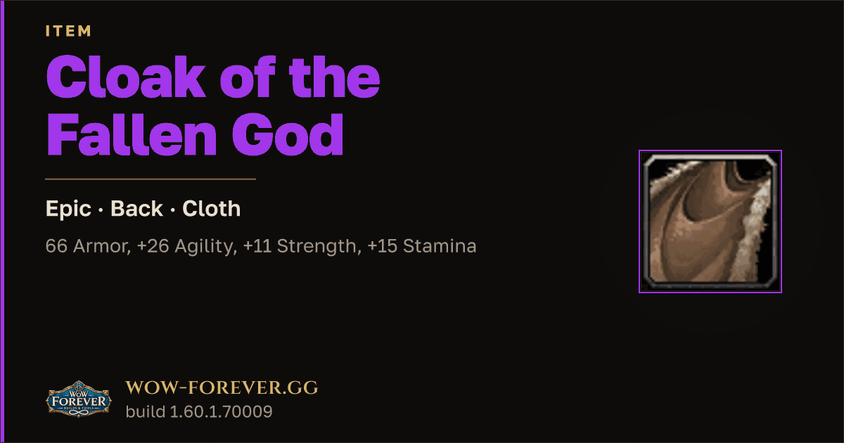 The preview card for Cloak of the Fallen God - Epic Cloak, Item Level 88