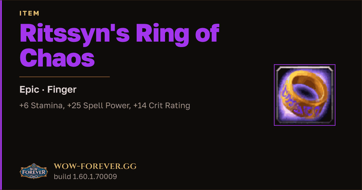 The preview card for Ritssyn's Ring of Chaos - Epic Ring, Item Level 71