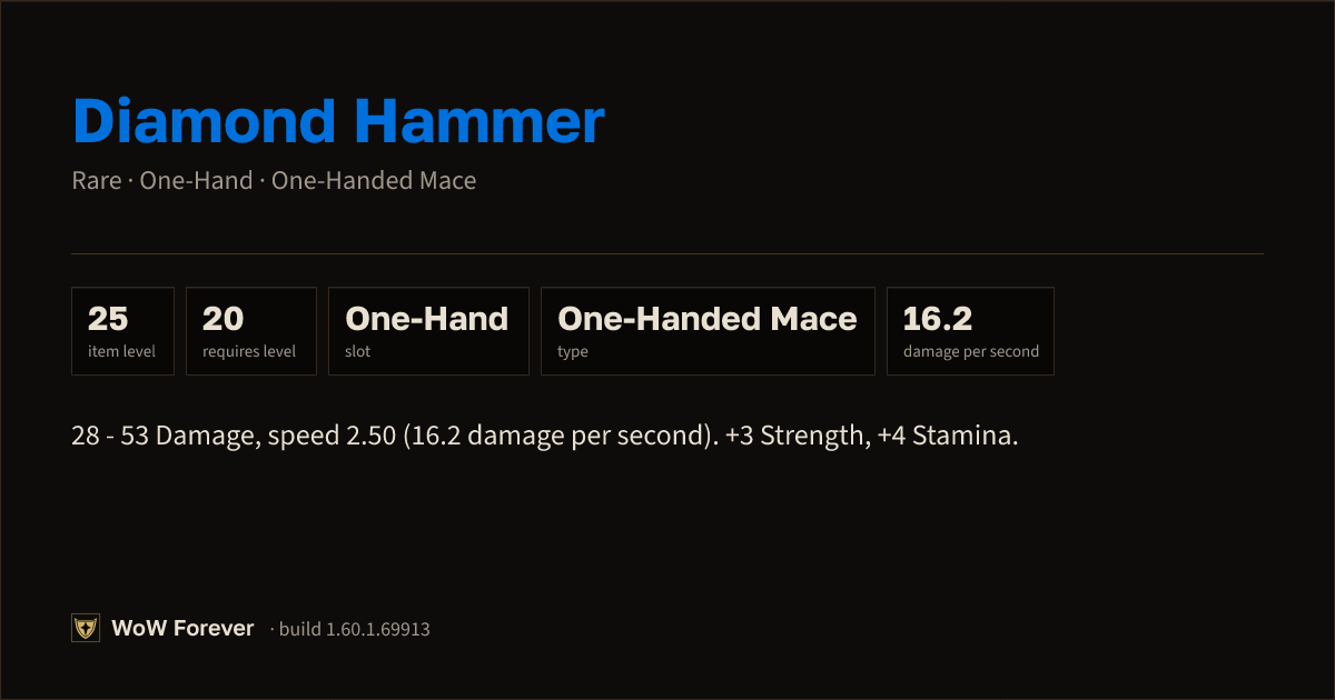 The preview card for Diamond Hammer - Rare One-Hand Mace, Item Level 25