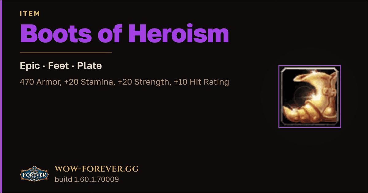 The preview card for Boots of Heroism - Epic Plate Feet, Item Level 60