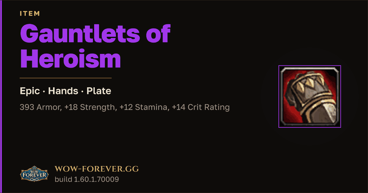 The preview card for Gauntlets of Heroism - Epic Plate Hands